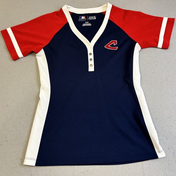Vtg Cleveland Indians Womens Medium Top TX3 Cool MLB Baseball V-Neck Chief Wahoo - Picture 1 of 7